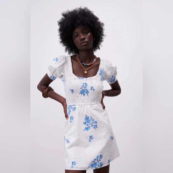 Zara | Dresses | Embroidered Zara White And Blue Floral Dress | Poshmark